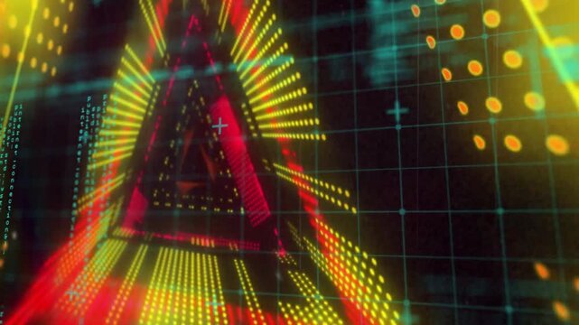 Vertical video: Center triangle on neon ring appearing, pulsing LEDs moving inward, forming tunnel