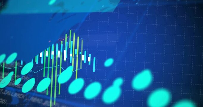 Data feed starting finance chart, teal markers flowing, green white bars rising, map giving context