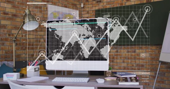 Monitor displaying fading data overlay, animating dotted map and pulsing graph showing global data