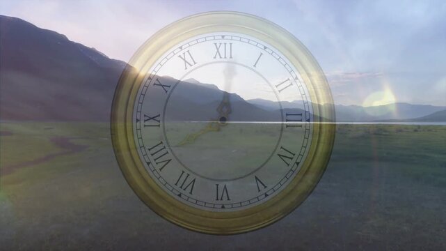 Vertical video: Moon rising, dim figure in jacket stepping inside clockface on plain, marking time
