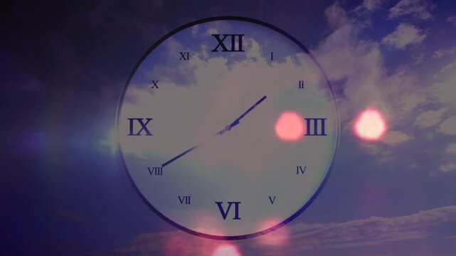Translucent clock rotating hands while sun creating pink bokeh hiding Roman numerals, aiding design