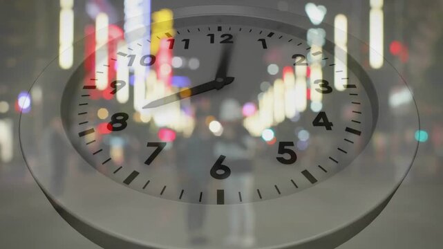 Foreground clock ticking, advancing hands over neon tech street while two walking, showing time