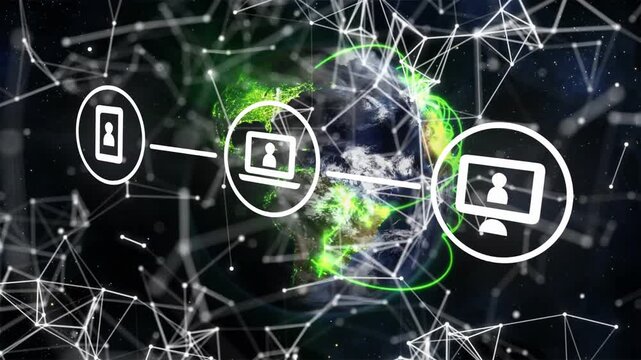Stylized Earth and three device icons appearing in orbit, tech activation showing global network