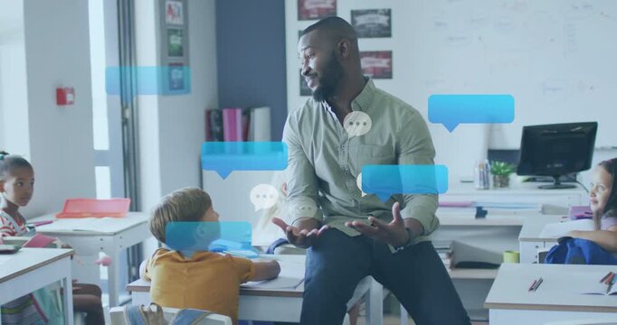 Teacher starting speaking and gesturing, speech bubbles multiplying and floating to engage students