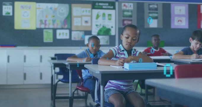 Vertical video: Girl writing worksheet during lesson in class, binary overlay appearing above desks