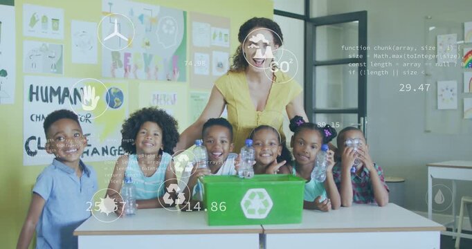 Teacher leaning arranging kids, encouraging bottle holding, teaching recycling with floating icons