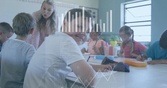 Teacher leaning to assist in classroom, boy writing then looking, HUD graphs showing class progress