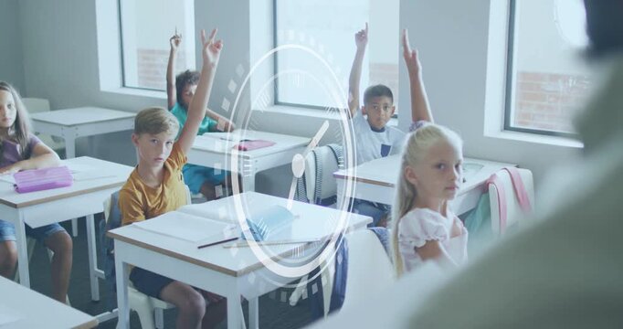 Classroom showing students raising hands after teacher asking question, clock HUD appearing again