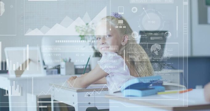 Female student writing at desk, pausing pen and causing animated school charts, globe for learning