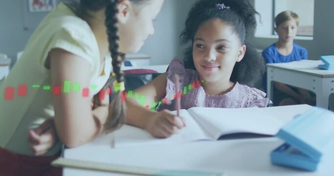 Braided girl leaning helping classmate pencil poised writing data overlay obscuring hands classroom
