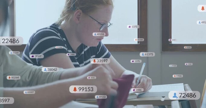 Female student writing school notes while male riffling pencil case causing alert badges overlaying
