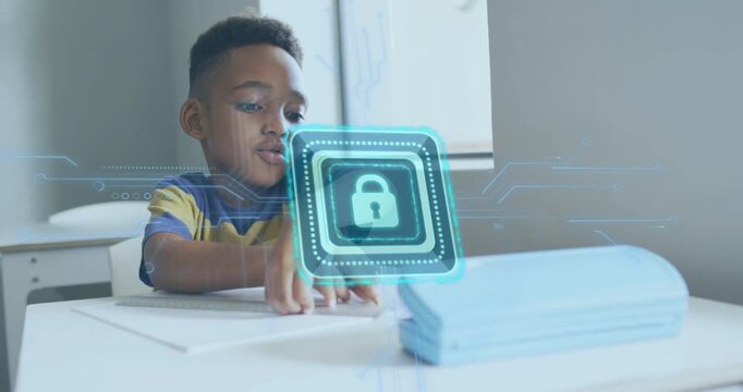 Boy writing homework while lock icon appearing, staying fixed with hands flipping pages, smiling