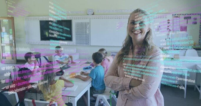 After start, teacher leading students, code overlay appearing left drifting over her showing edtech