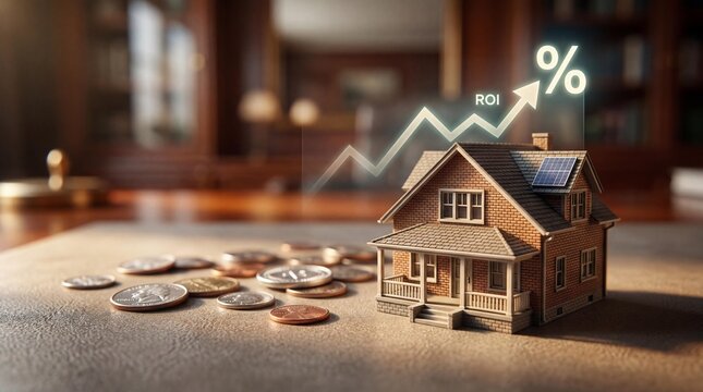 Miniature house model with coins and roi graph symbolizing real estate investment growth and financial success