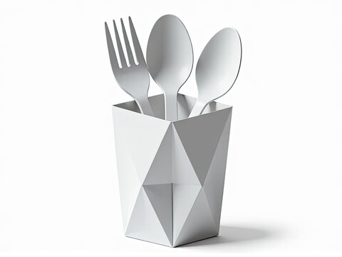 A set of utensils, including a fork, spoon, and knife, stored in a container