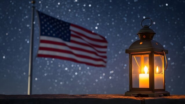 American flag waving under snowy night sky with lantern