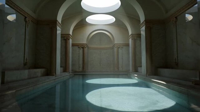 Slow pan tracking shot across marble pool and bath with circular skylight reflections in interior roman hall and vaulted architecture
