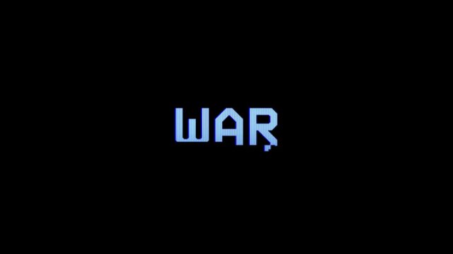 WAR Text in Blue Digital Glitch Style on Black Background - Retro CRT Screen Error Effect. Ideal for tech, cyberpunk, data breach, military-themed graphic designs, article overlays about cyber warfare