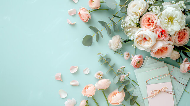 花の装飾とノート、招待状が置かれたウェディングプランナーのデスク