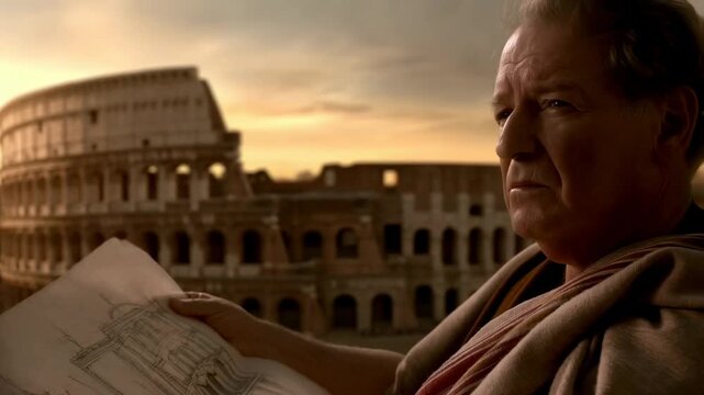 Tracking shot of man in toga holding architectural drawing and studying colosseum ruins in rome at sunset