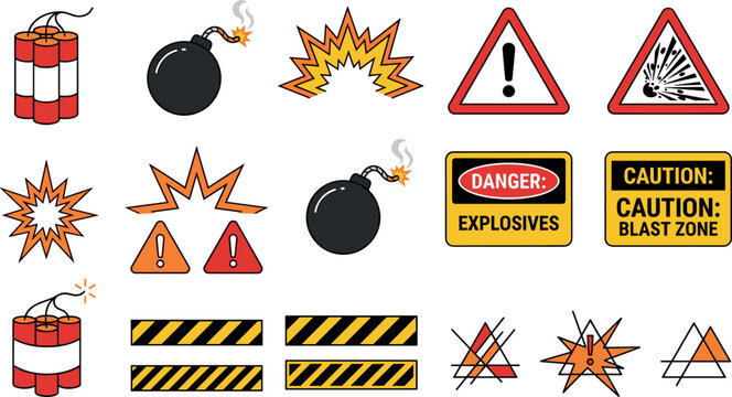Explosion Hazard Warning Signs and Dynamite Bomb Icons Safety Danger Collection