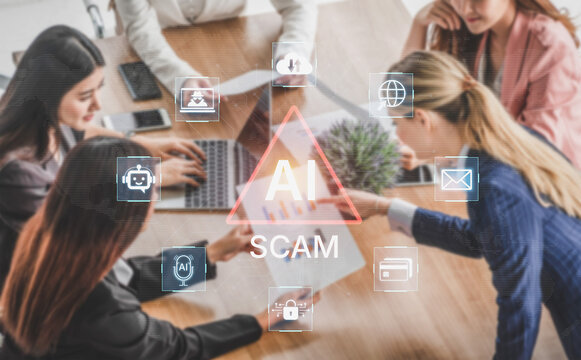 Cybersecurity concept featuring an AI detector scanning digital content for deepfakes and authenticity. Represents copyright protection, fake news prevention, and C2PA content credentials. Corpus