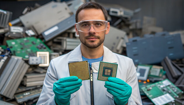 Researcher in Protective Gear Holding CPU Processors Amid Electronic Scrap