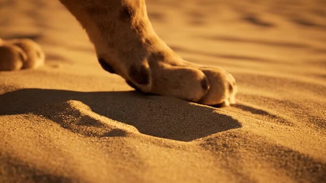 A camel's feet walk across golden desert sand, leaving deep footprints as warm sunlight casts long shadows, capturing the serene rhythm of movement through dunes.