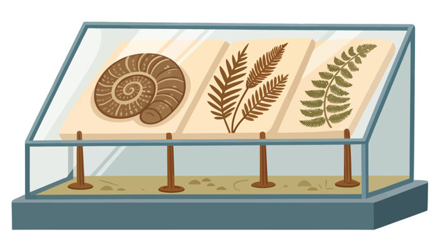 An illustration of a fossil display case with ammonite and fern fossils on a white background