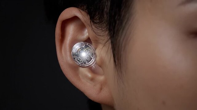 A close-up video shows a person wearing futuristic earbuds with glowing lights, highlighting sleek design and tech integration against a dark background.