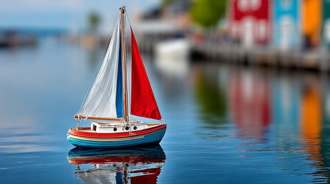 Small sailboat with red and white sails floating on calm water, colorful buildings reflected in the water, creating a picturesque harbor scene