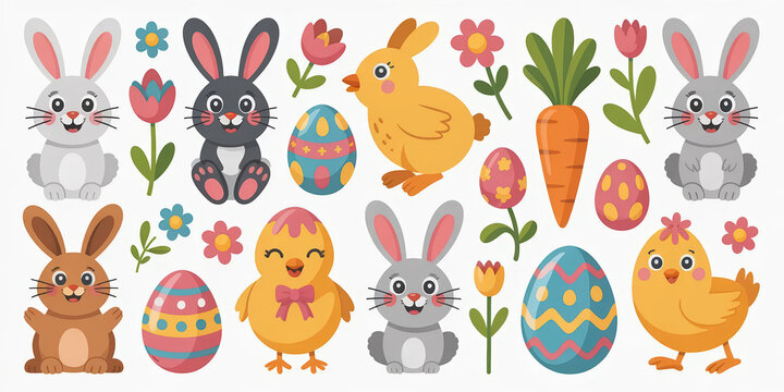 easter bunny and chick set isolated on transparent background