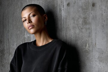 Fototapeta premium Confident woman poses against a textured concrete wall