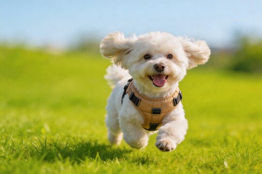 White dog running on green grass