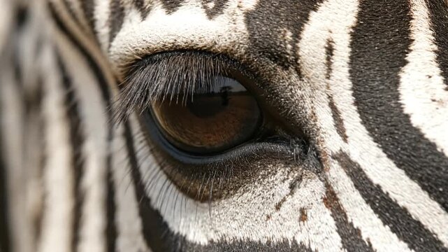 A close-up view of a zebra&rsquo;s eye, showcasing intricate black-and-white stripes and expressive brown iris, with subtle movements suggesting life and awareness in a natural setting.