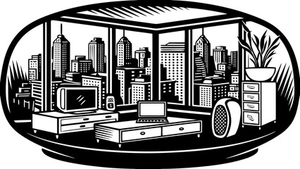 Modern living room interior with large windows showcasing a detailed, textured cityscape view. © Optimus 