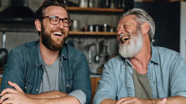 Father and son share a joyful moment in a cozy kitchen filled with rustic charm and warm ambiance, capturing the essence of their relationship and shared laughter
