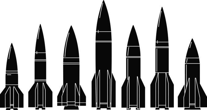 Rocket lineup silhouette illustration, aerospace engineering artwork, space exploration design concept, black and white vector template collection set