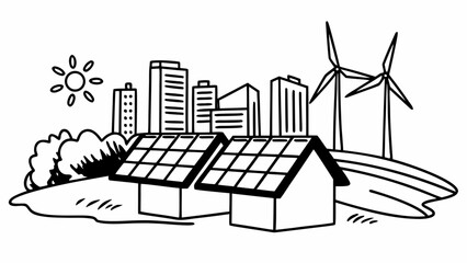 Modern city houses with solar energy solutions and wind power represent a commitment to environmental. © Optimus 