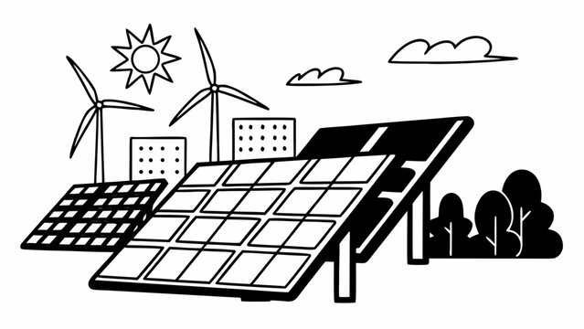 Renewable energy infrastructure with solar panels and wind turbines powers a modern city environment.