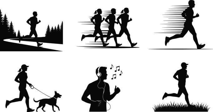 Running people silhouettes set isolated on white background, marathon runners jogging in park with dog and listening to music.