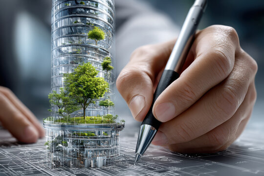Architectural design process for a futuristic urban building with greenery integration