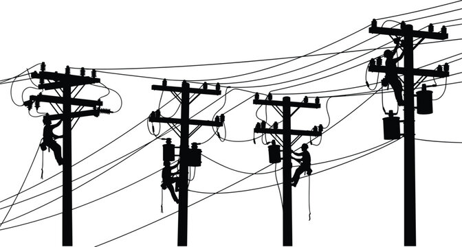 Silhouette of Electrician Linemen Working on Power Lines and Utility Poles for Maintenance Repair and Energy Infrastructure Installation in Vector Style
