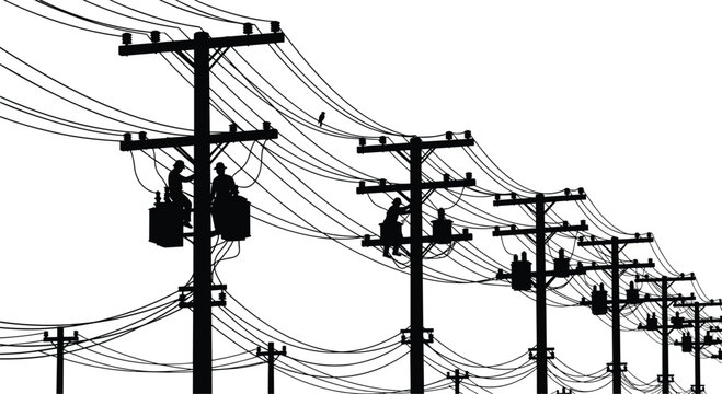 Silhouette of Multiple Electrician Linemen Working on Utility Poles and Power Lines for Energy Infrastructure Maintenance and Repair Vector Illustration