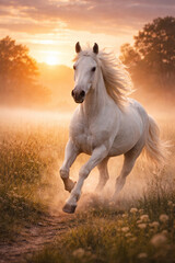 Fototapeta premium Majestic White Andalusian Horse Galloping through a Foggy Meadow at Golden Sunrise.
