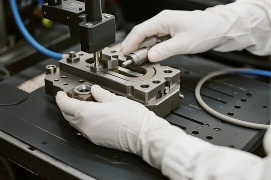 Technician performing precision measurement on a metal component using coordinate measuring machine
