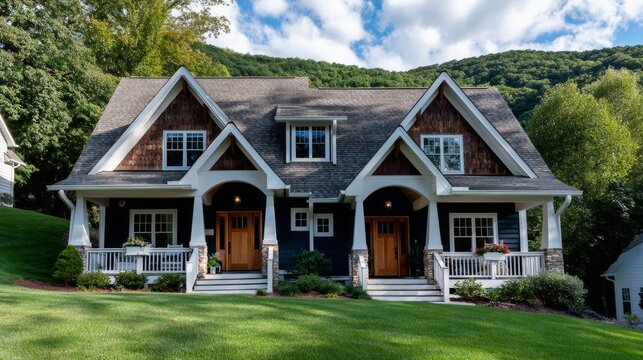 Modern duplex house with wooden accents and large front porches, surrounded by green lawn and trees under a bright blue sky in a residential neighborhood