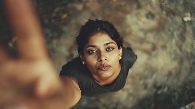 Cautious millennial Indian woman gazing upward from a natural setting, showcasing introspection and awareness in a serene environment