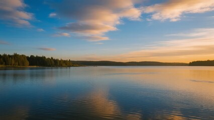 Fototapeta premium Serene lake at sunset with calm waters reflecting golden sky and distant forest