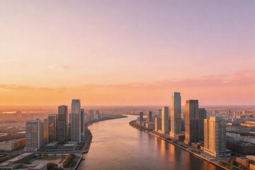 Fototapeta premium City skyline with river at sunset